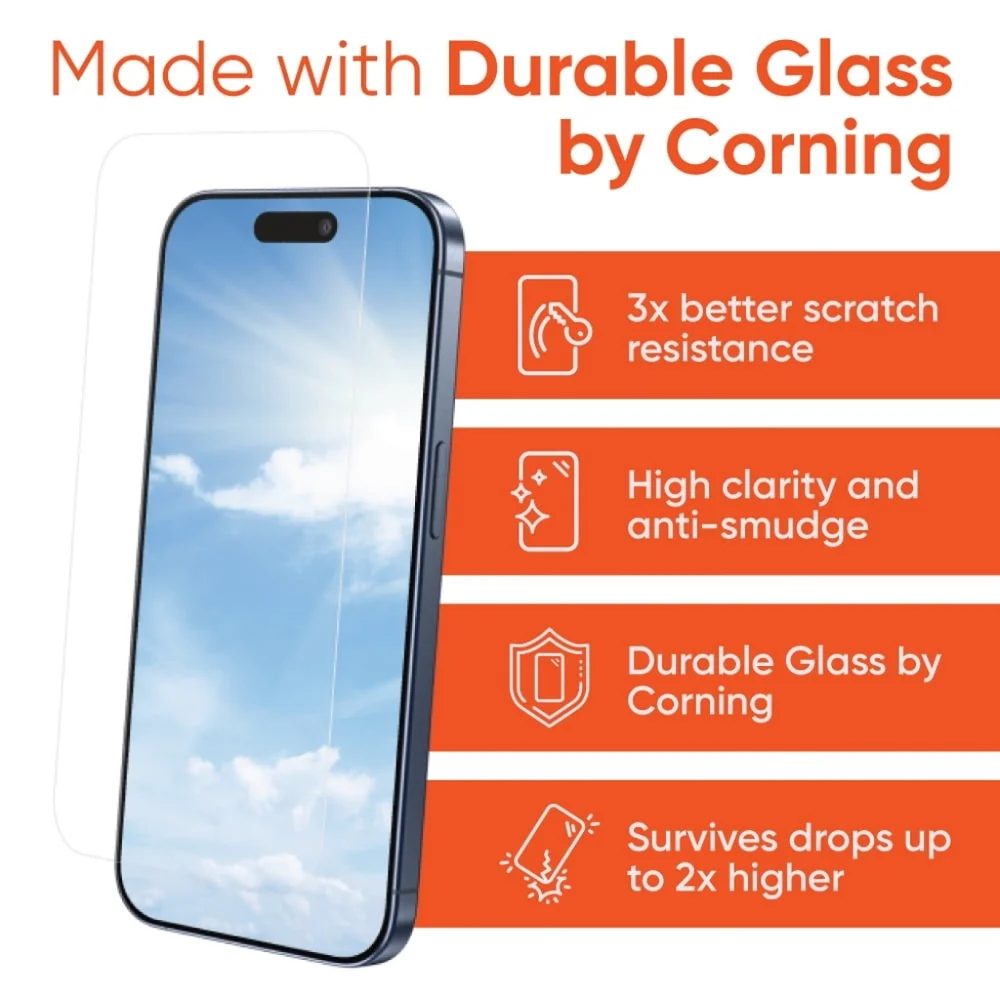 onn. iPhone 16 Corning Glass Screen Protector
